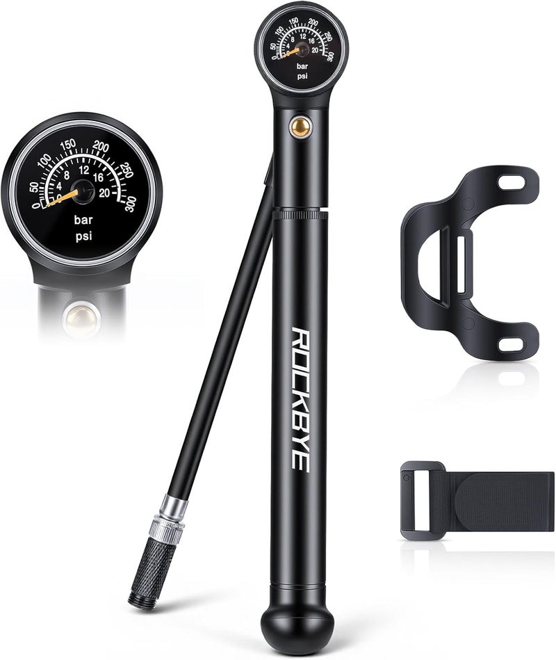 POWVINE Shock Pump for Bike,Portable Frame Pump with 300PSI,High Pressure Bike Air Fork/Shock Pump,Mini Pump Fits Presta & Schrader Valve - Image 1